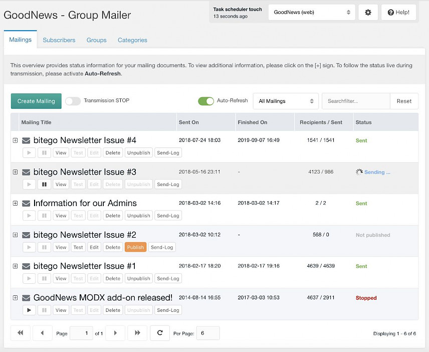 Screenshot: GoodNews Management Interface - Mailings tab