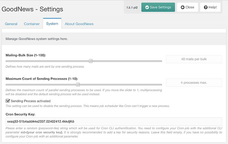 Screenshot: GoodNews Management Interface - Settings - System