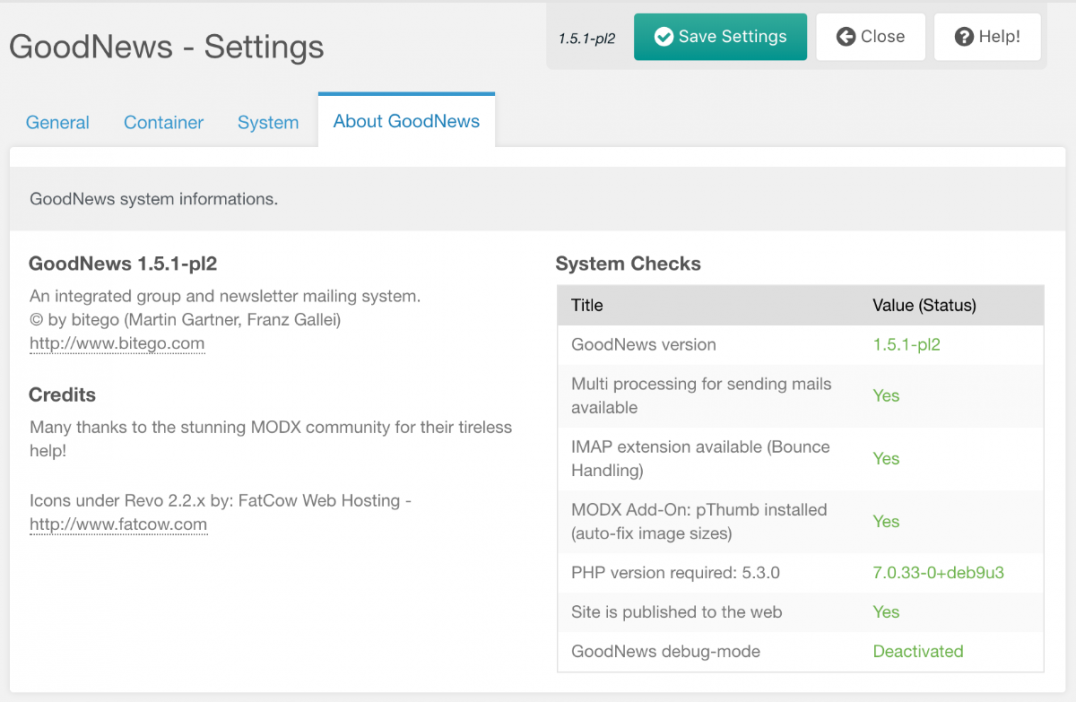 Screenshot: GoodNews Management Interface - Settings - About