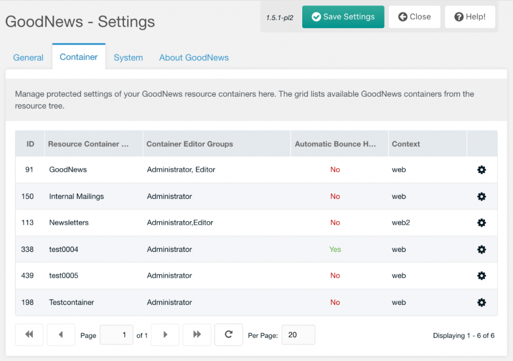 Screenshot: GoodNews Management Interface - Settings - Container