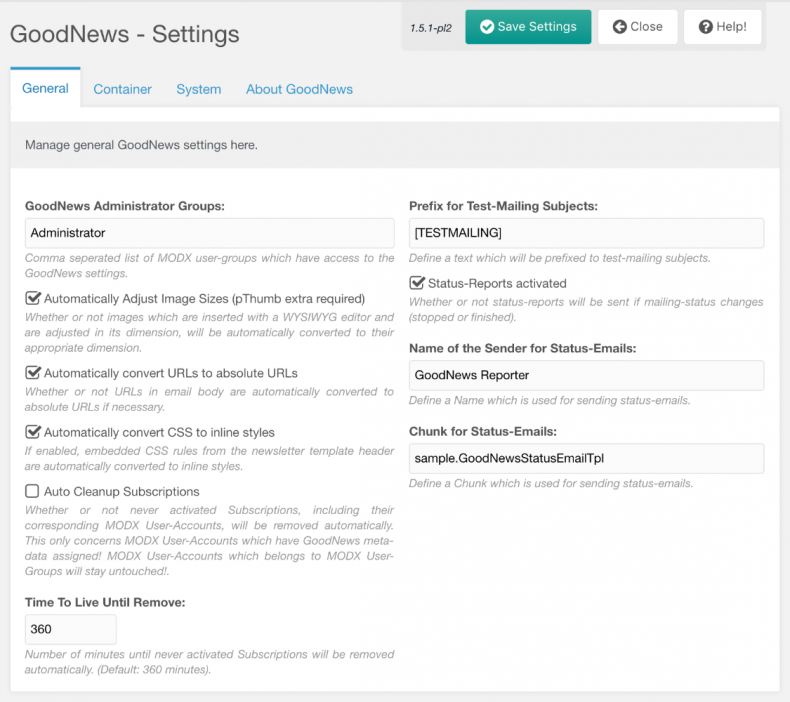 Screenshot: GoodNews Management Interface - Settings - General