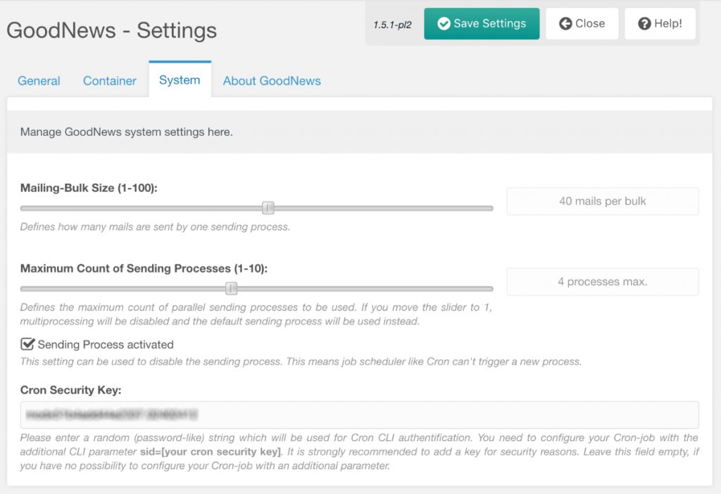 Screenshot: GoodNews Management Interface - Settings - System