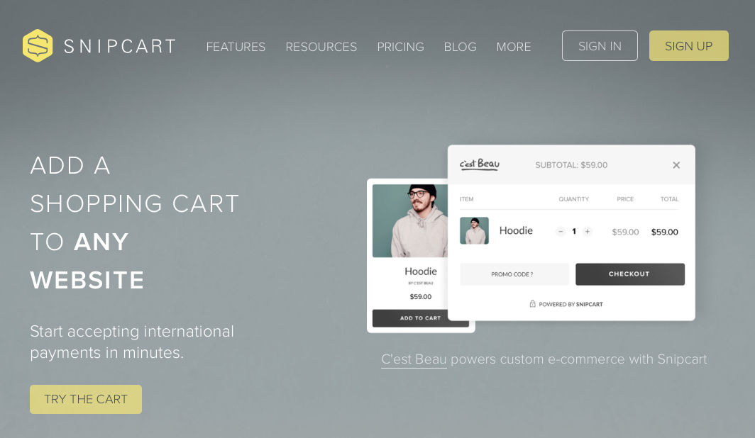 Screenshot: Snipcart - add a shopping cart to any website