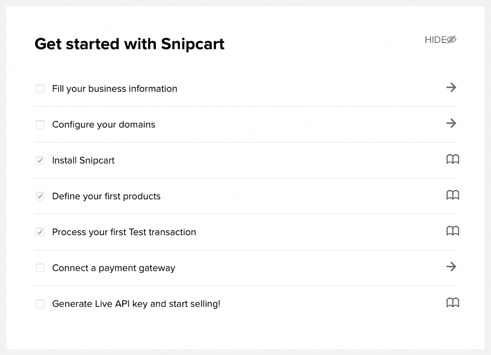 Screenshot: Snipcart account configuration steps
